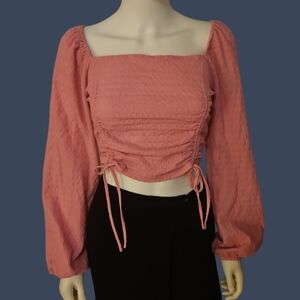 SOPHIE RUE Pink Ruched Balloon Sleeve Corset Smocked Off Shoulder Crop Top
